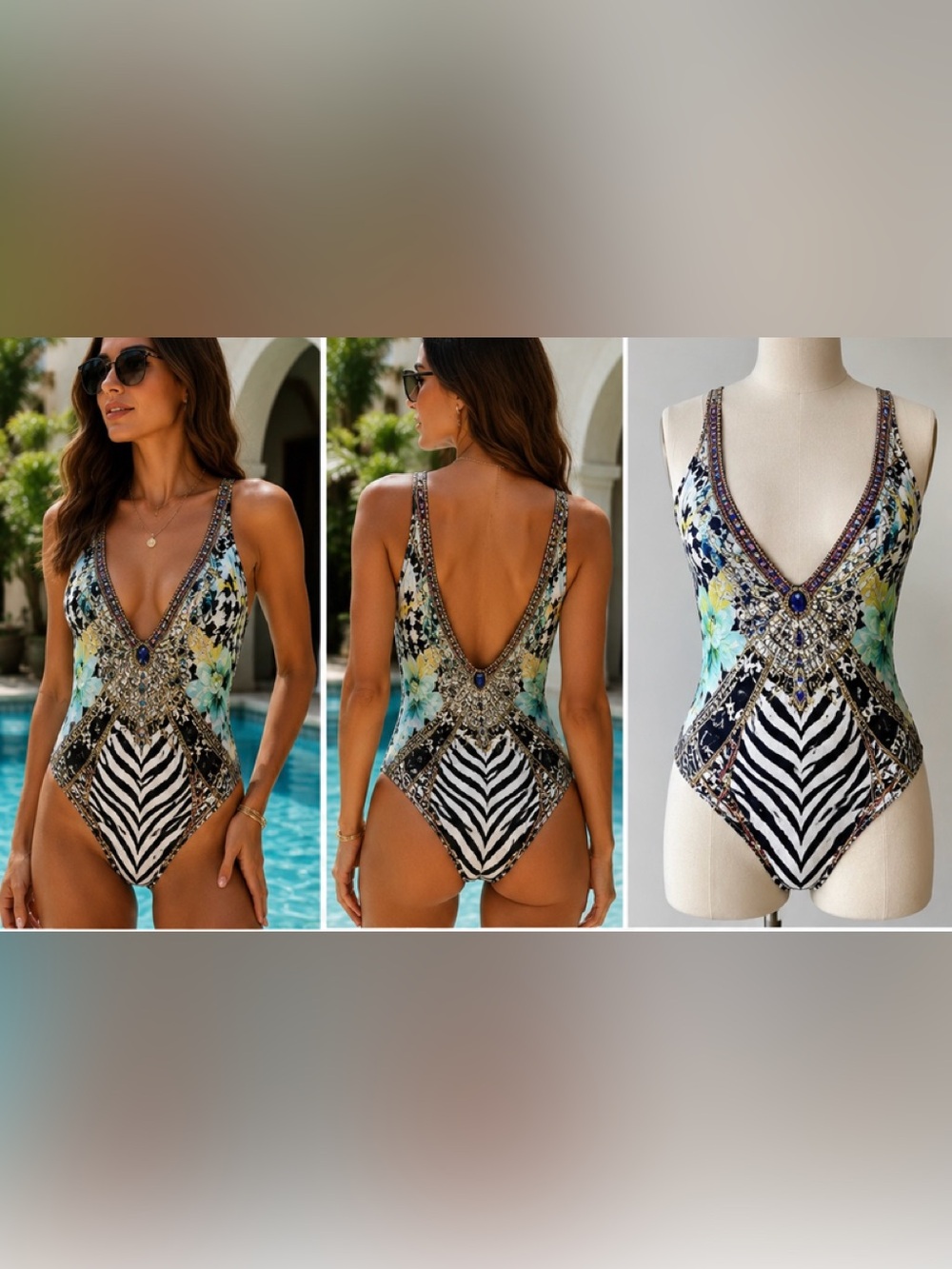 Camilla Multicolor Embellished One-Piece Swimsuit - Black, White, Mint, Lavender